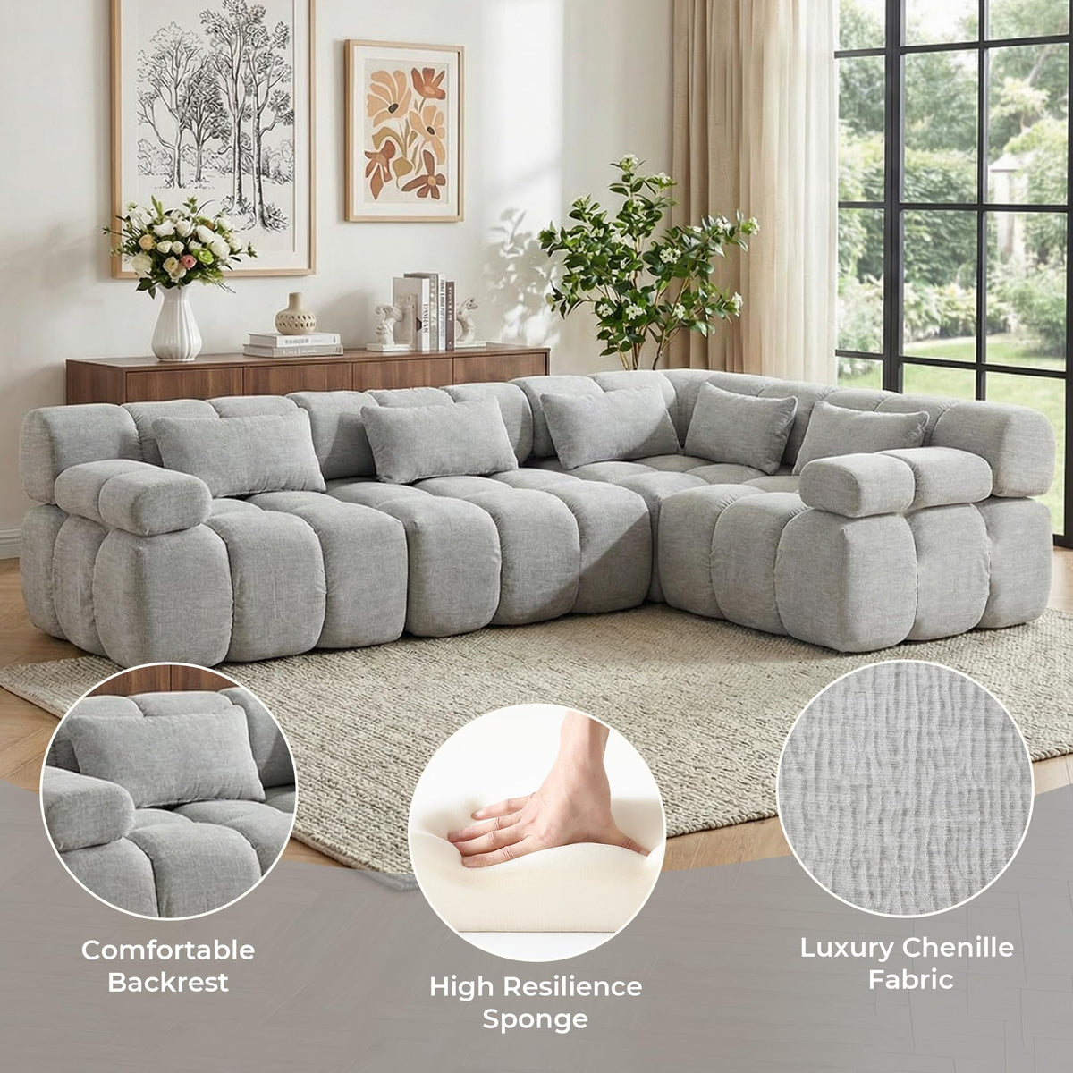 WELAX 114" Boneless Cloud Sectional Couches, Modular Couch L-Shape with Ottoman & Pillows, Luxury Design Chenille Sofa, 4 Seater Home Comfy Sofas for Livingroom, Bedroom, Grey