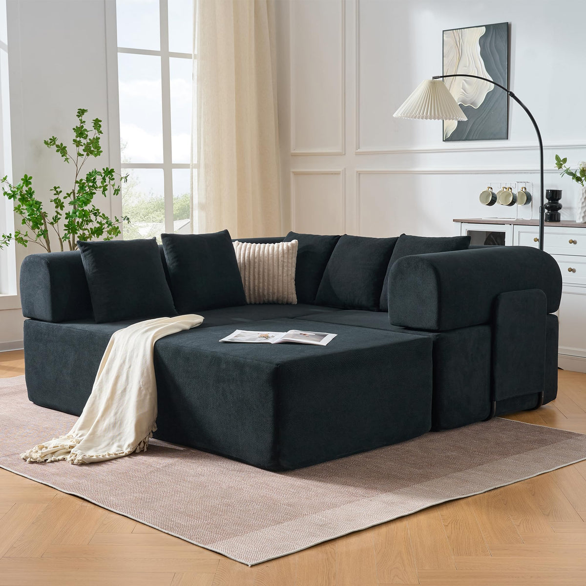 106" Modular Sectional Sofa,L Shaped Cloud Sectional Couch with Deep Seat,Velvet Boneless Couch with Movable Chaise 5 Pillows,Compressed Sofa for Living Room,No Assembly Required,Black
