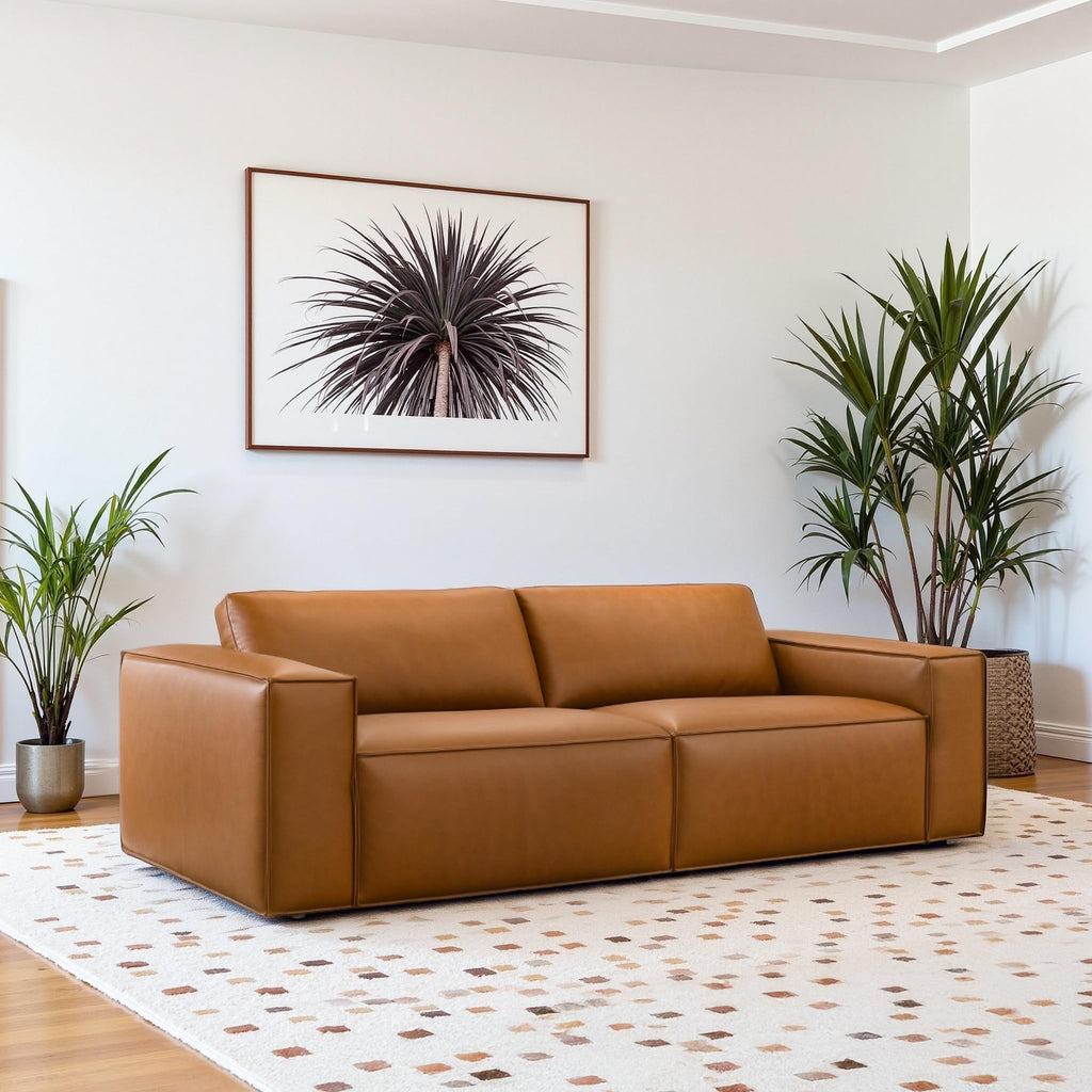 Zion Mid-Century Modern Wide Armrest Comfortable Leather Sofa in Cognac Tan
