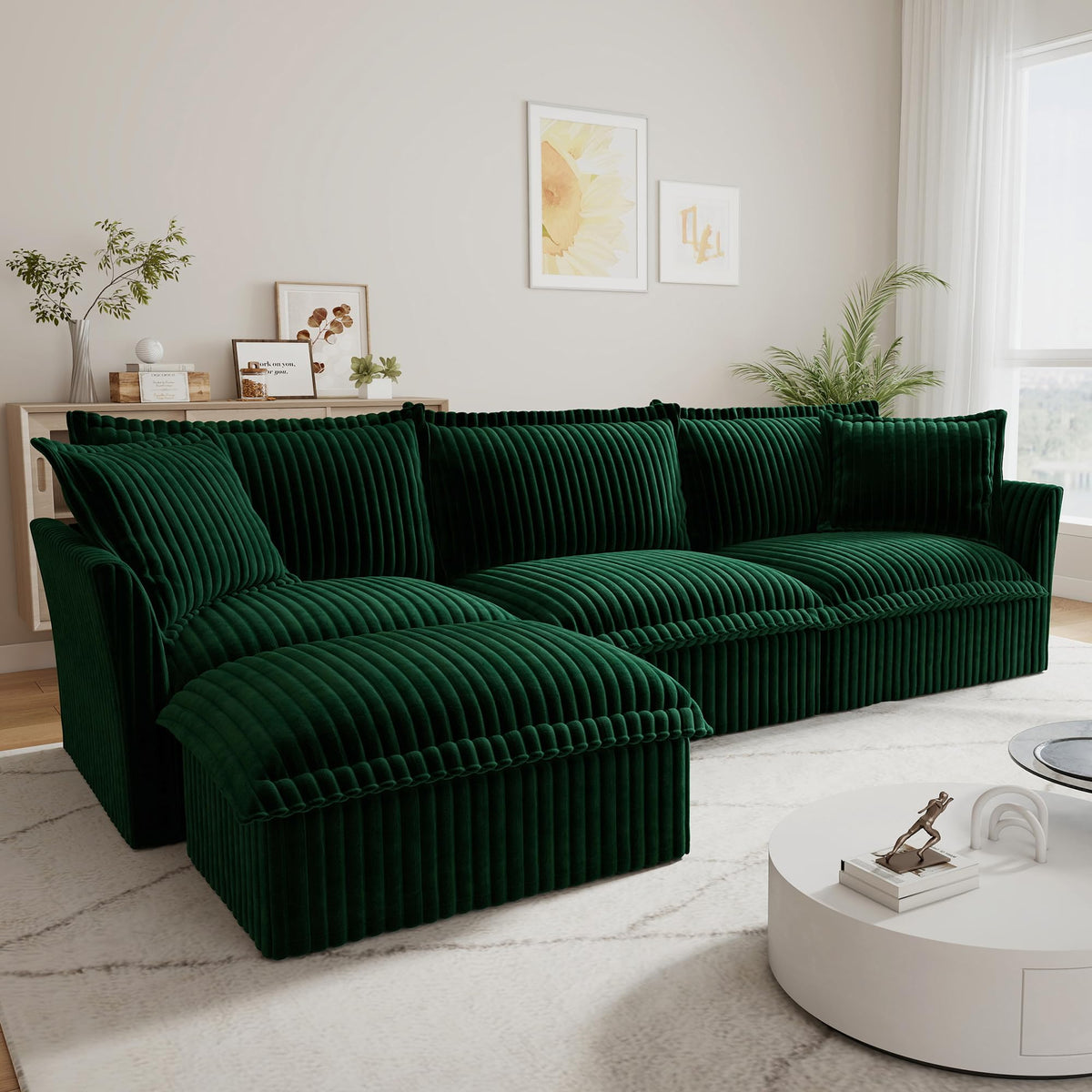120" Corduroy Sectional Sofa with Ottoman, 3-Seater, Green