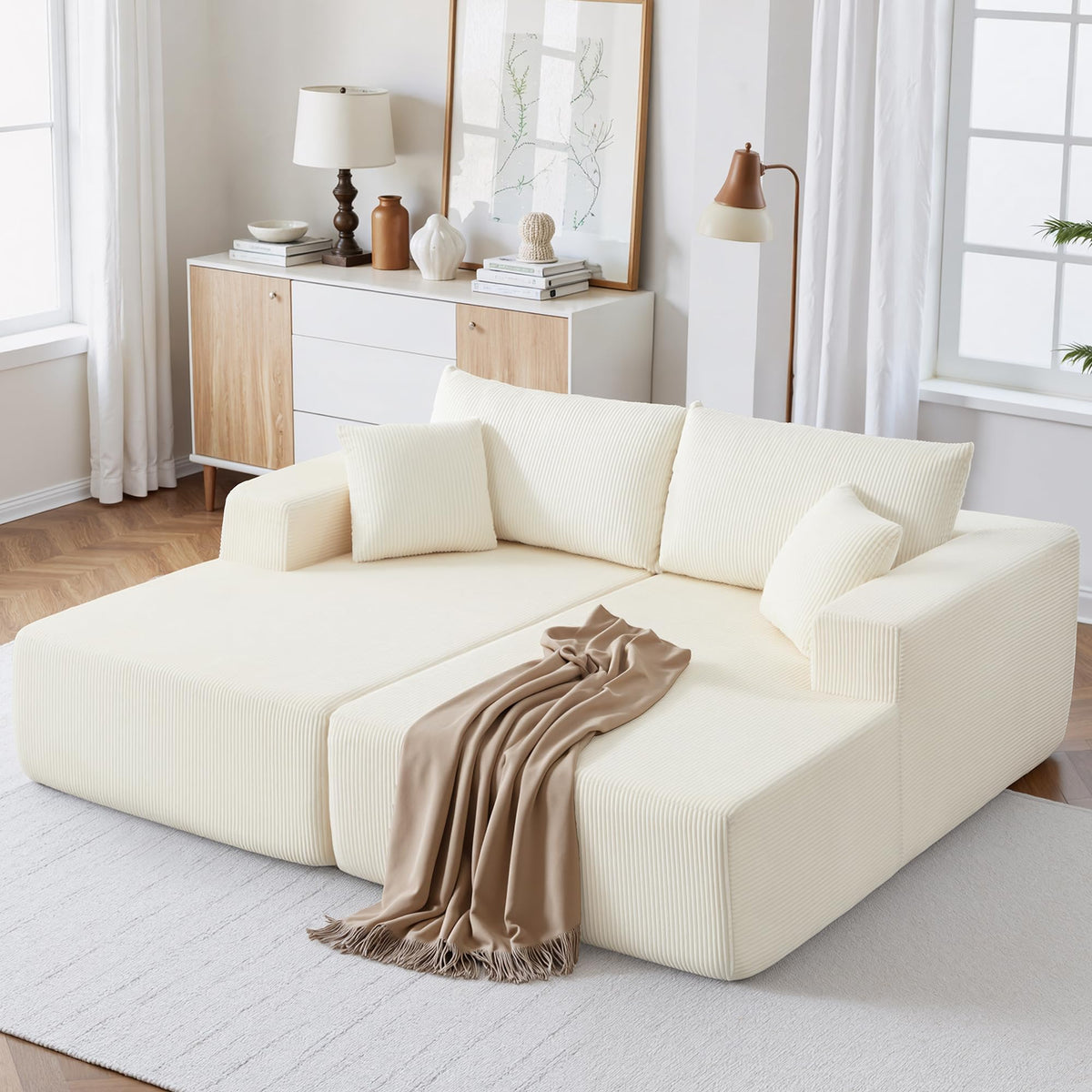 U-Shape Sectional Couch for Living Room,4 Seater Boneless Sofa Couch for Living Room Bedroom Apartments,146" Modular Sectional Corduroy Couch with Deep Seat,No Assembly Green