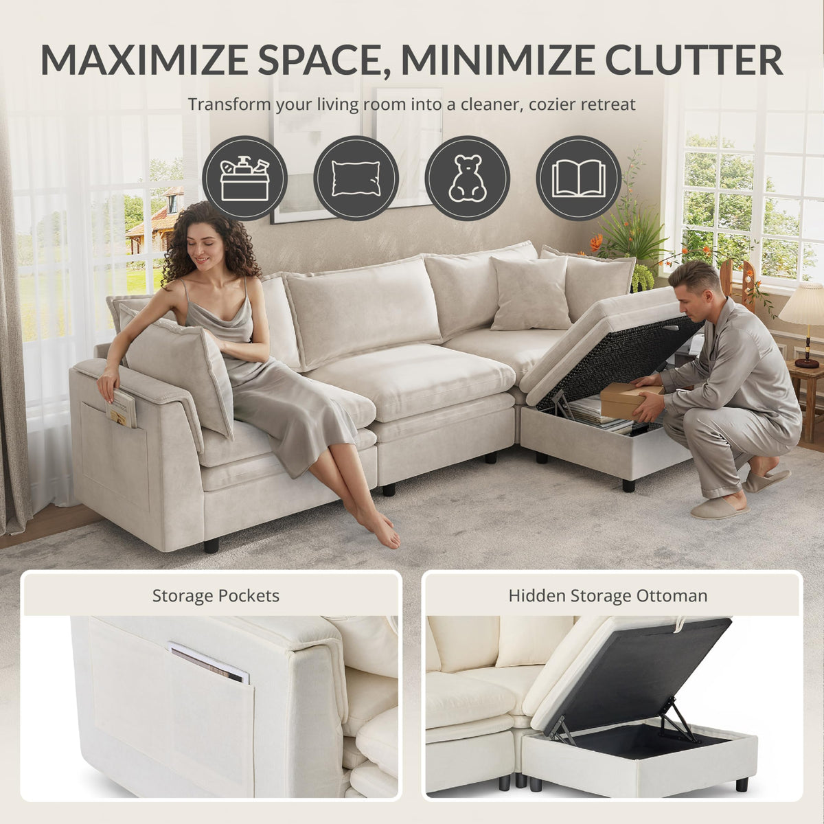 113.4'' Modular Sectional Couches with Storage Ottoman