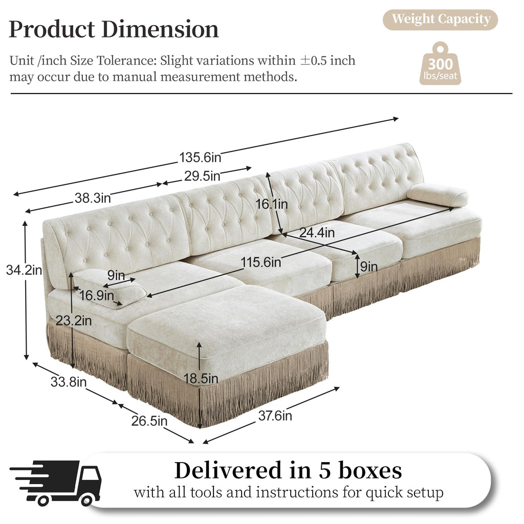 Unique Chesterfield Style Modular Sectional Sofa, 135.6” L-shaped Boneless Sofa with Velvet Fabric, Floor-grazing Tassel Fringe Skirt and Button Tufted Design for Living Room, Easy to Assemble, Beige
