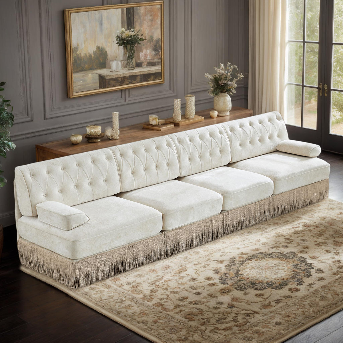 106'' Modern Chesterfield Style 3-Seater Sofa with 2 Ottoman, Upholstered Velvet Modular Sectional Sofa with Button Tufted, U Shape Deep Seat Cloud Sectional Couches for Living Room (Green)