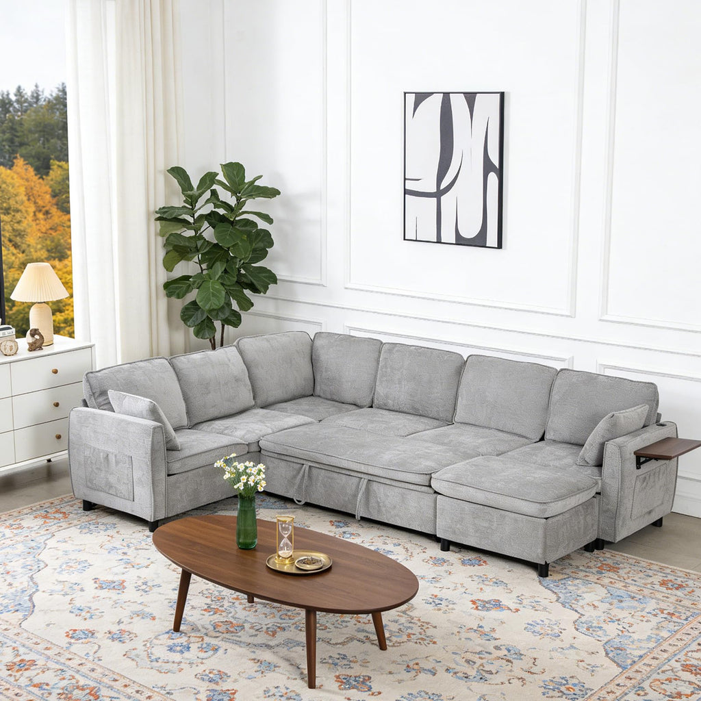 116" Modular Sectional Couch, U Shaped 7 Seater Sofa with Pull Out Bed, Chenille Cloud Upholstery, Ottoman, Folding Side Table, USB Charging Stations, Grey