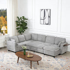 116" Modular Sectional Couch, U Shaped 7 Seater Sofa with Pull Out Bed, Chenille Cloud Upholstery, Ottoman, Folding Side Table, USB Charging Stations, Grey