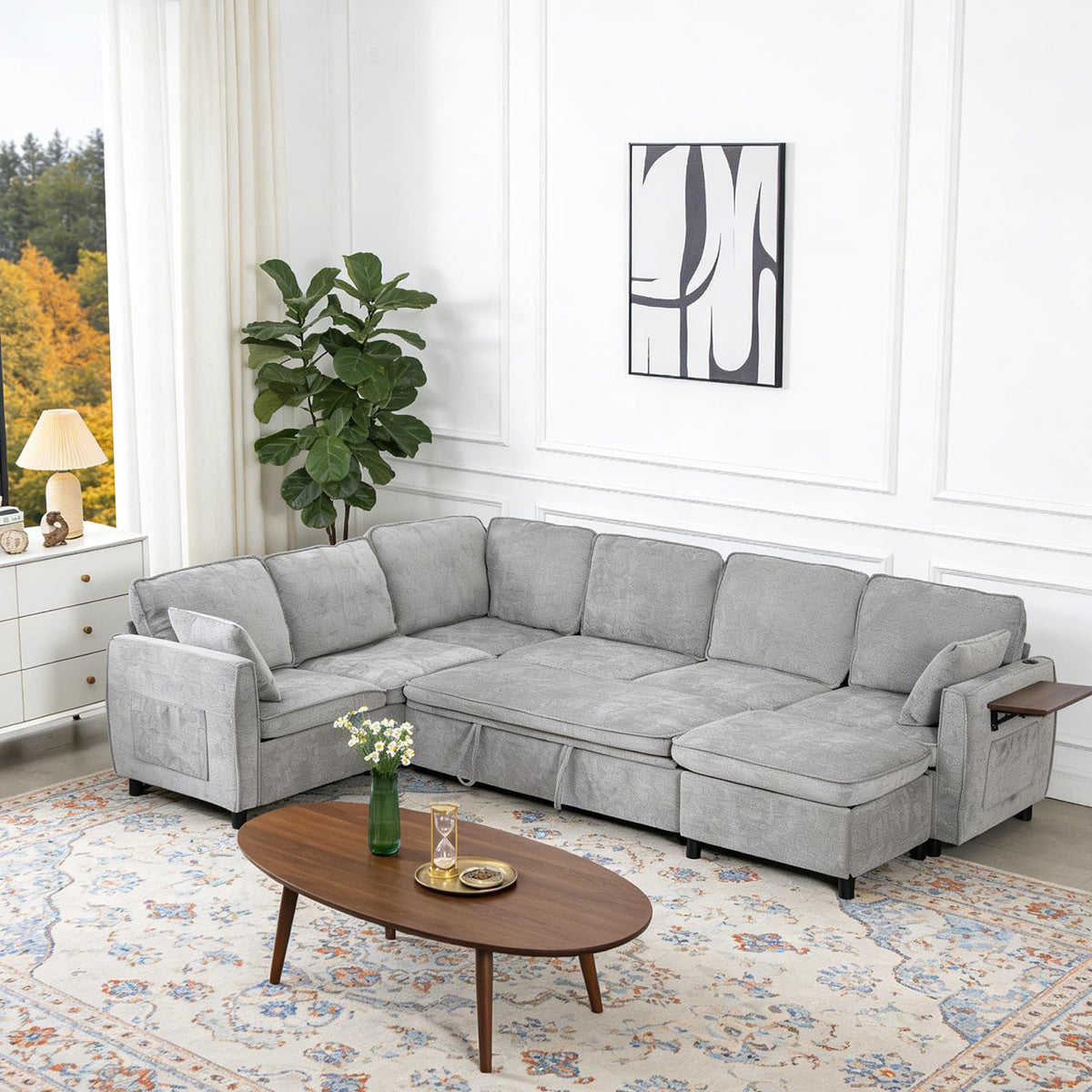 116" Modular Sectional Couch, U Shaped 7 Seater Sofa with Pull Out Bed, Chenille Cloud Upholstery, Ottoman, Folding Side Table, USB Charging Stations, Grey