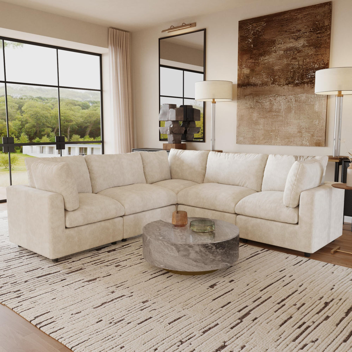 120" Cloud Couch Chenille Sectional Sofa for Livingroom Beige