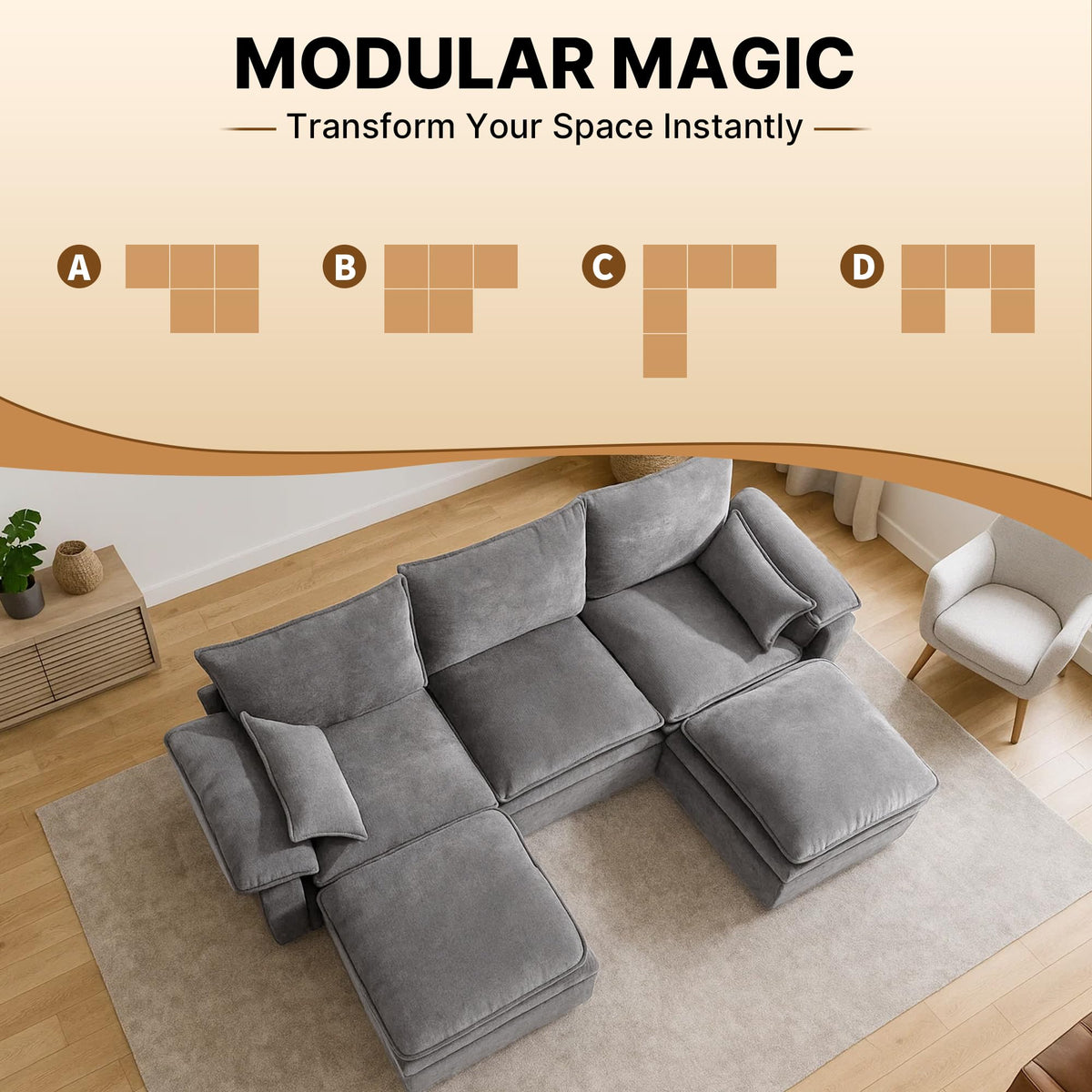 110" Modular Sectional Sofa with Storage, Premium Chenille Cloud Couch with Movable Ottomans, 1200lbs Heavy Duty Deep Seat Sectional, High-Density Foam