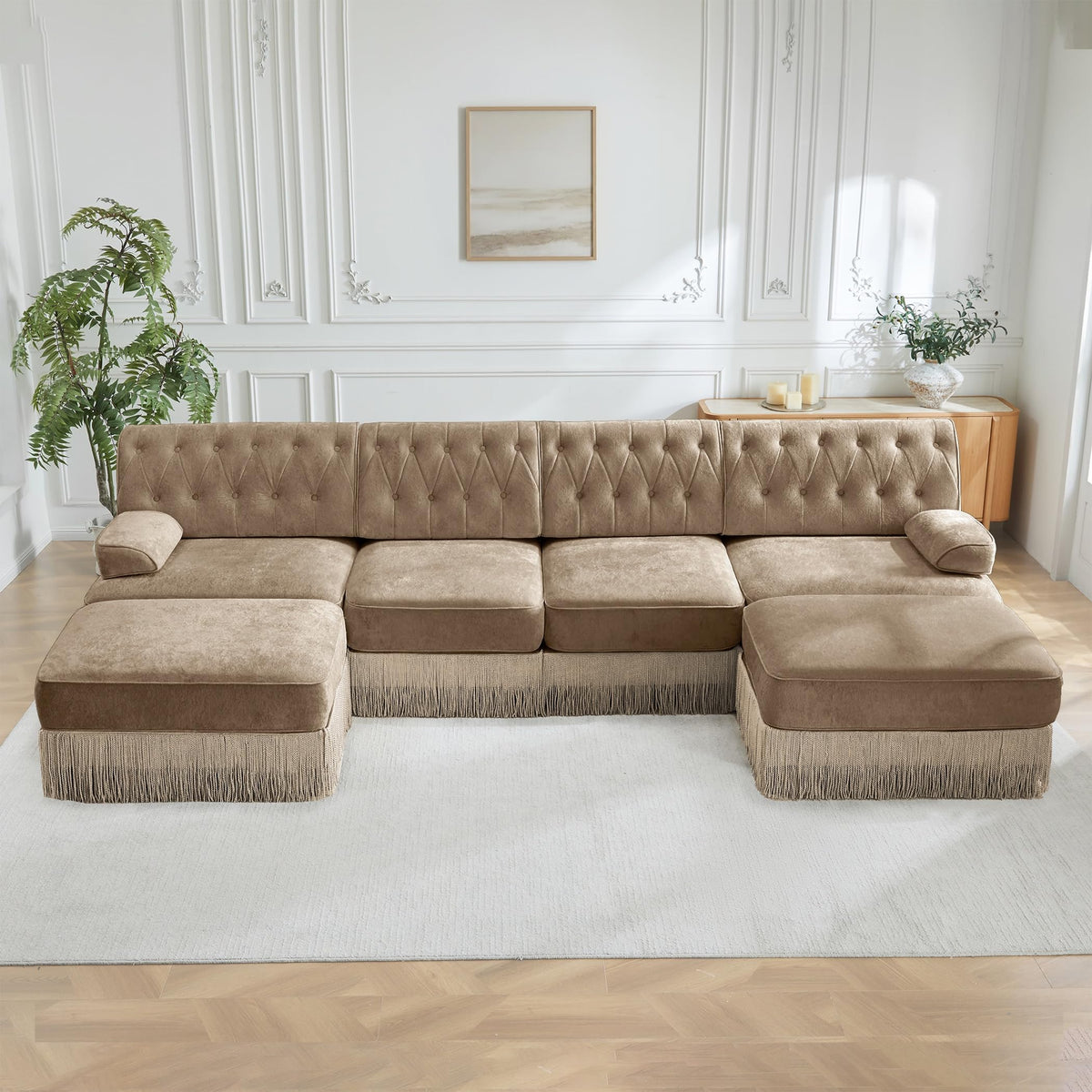 Velvet Modular Sectional Sofa, 135.6 Inch Chesterfield Style, Camel