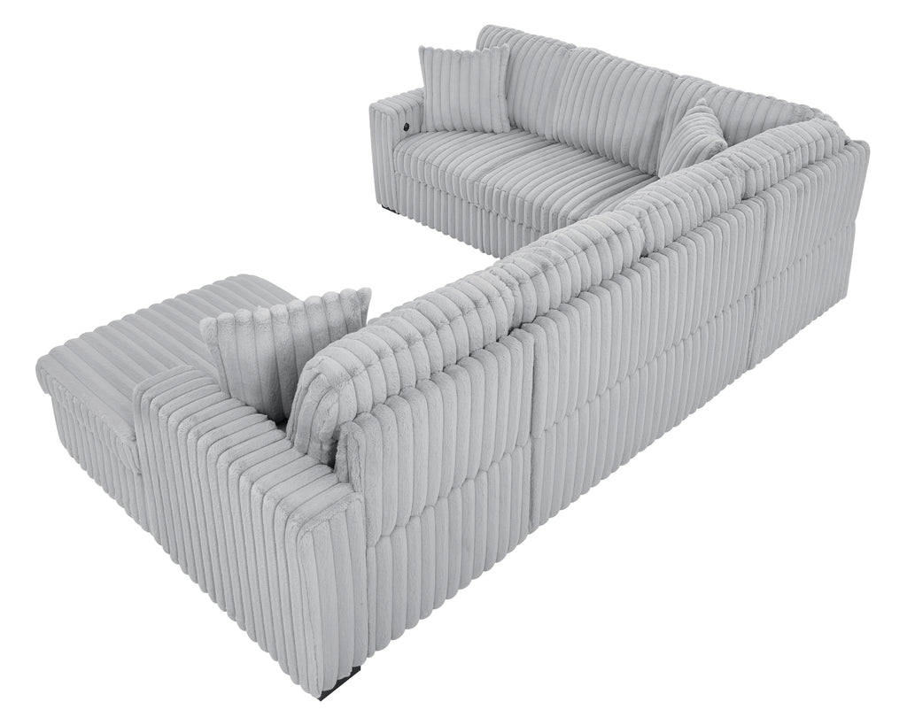 122 Inch Pull Out Couch, Rabbit Plush Fabric Sofa Bed with USB Ports, Oversized U Shape Sectional Sleeper Sofa Bed with Storage Chaise, Grey