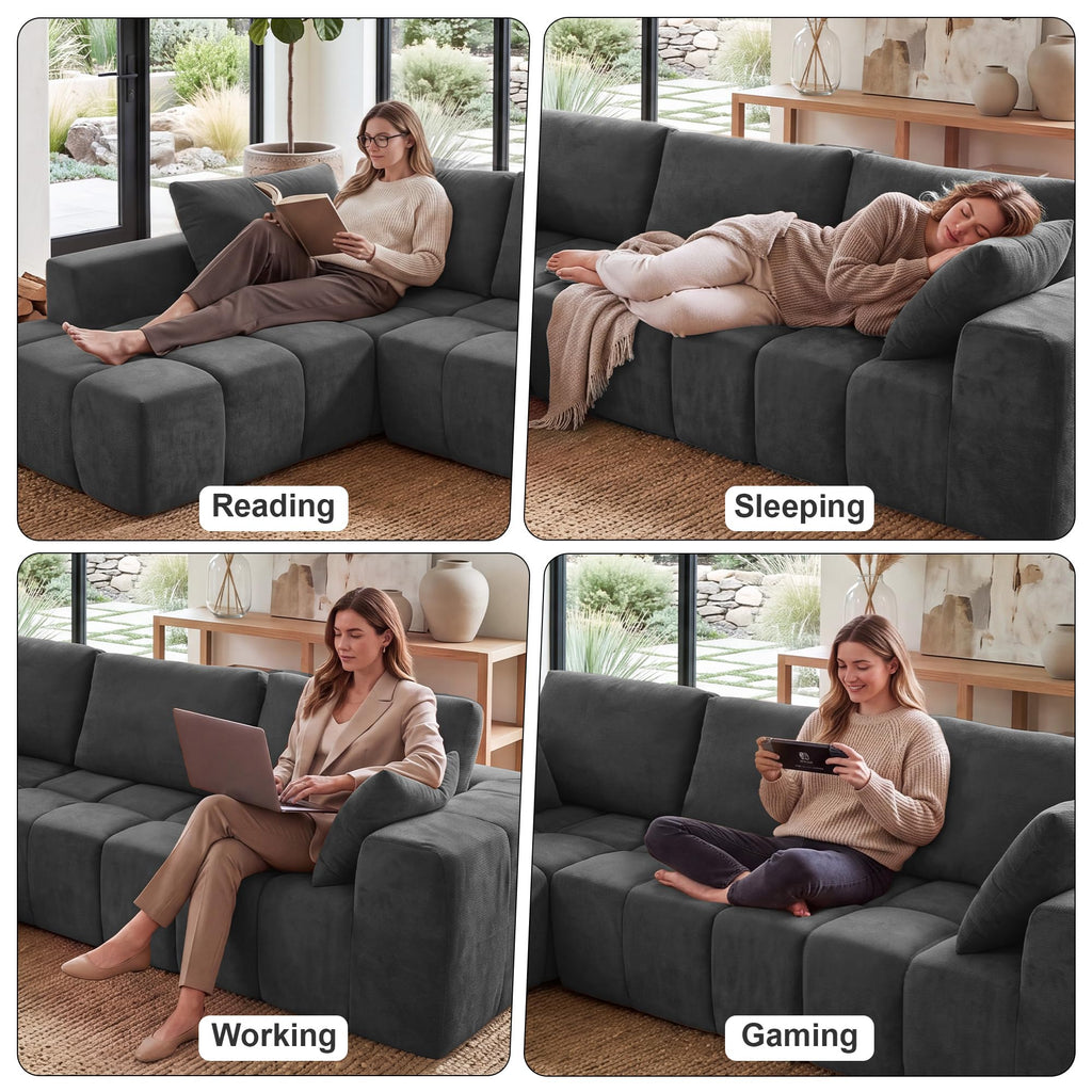 116" Modular Boneless Couch for Living Room, Modern Sectional Chenille Sofa with Oversized Deep Seat,Cloud Couch with L-Shape Chaise,No Assembly Required,Gray