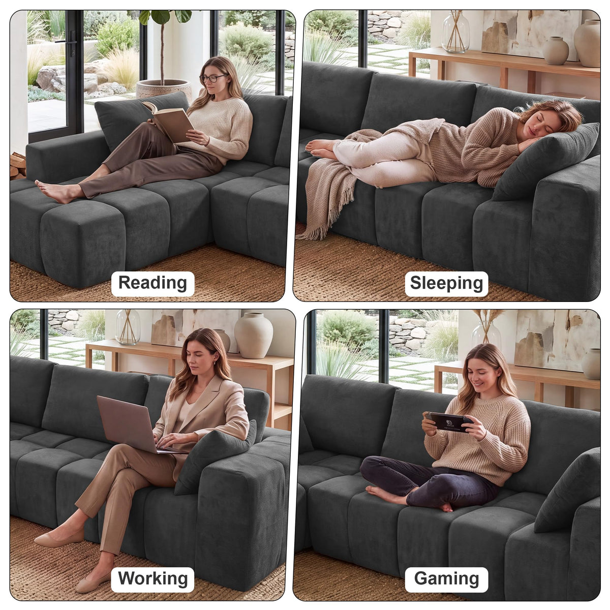 116" Modular Boneless Couch for Living Room, Modern Sectional Chenille Sofa with Oversized Deep Seat,Cloud Couch with L-Shape Chaise,No Assembly Required,Gray