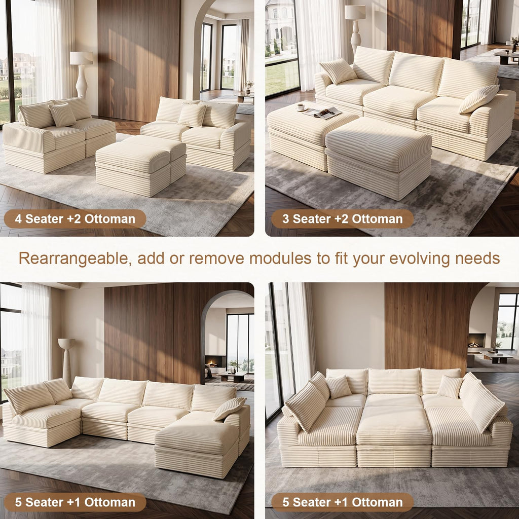 Upgrade Boneless Couch with Storage, Extra Deep&High Seat Modular Sectional Sofa 3 Seater U Shaped Cloud Couch with Ottoman, Tool-Free Assembly Sectional Couches for Living Room