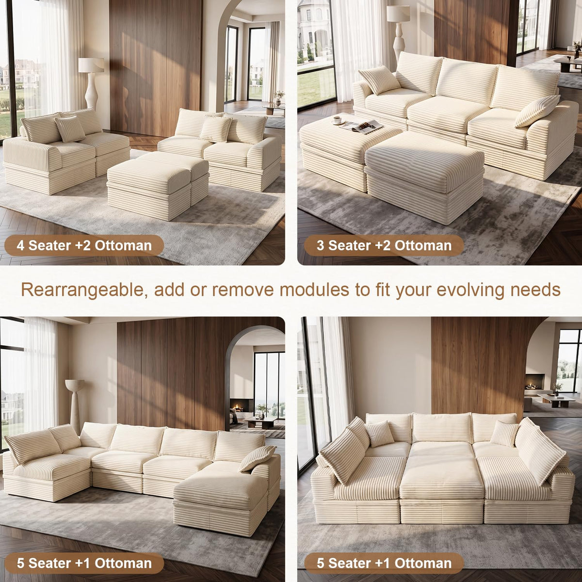 Upgrade Boneless Couch with Storage, Extra Deep&High Seat Modular Sectional Sofa 3 Seater U Shaped Cloud Couch with Ottoman, Tool-Free Assembly Sectional Couches for Living Room