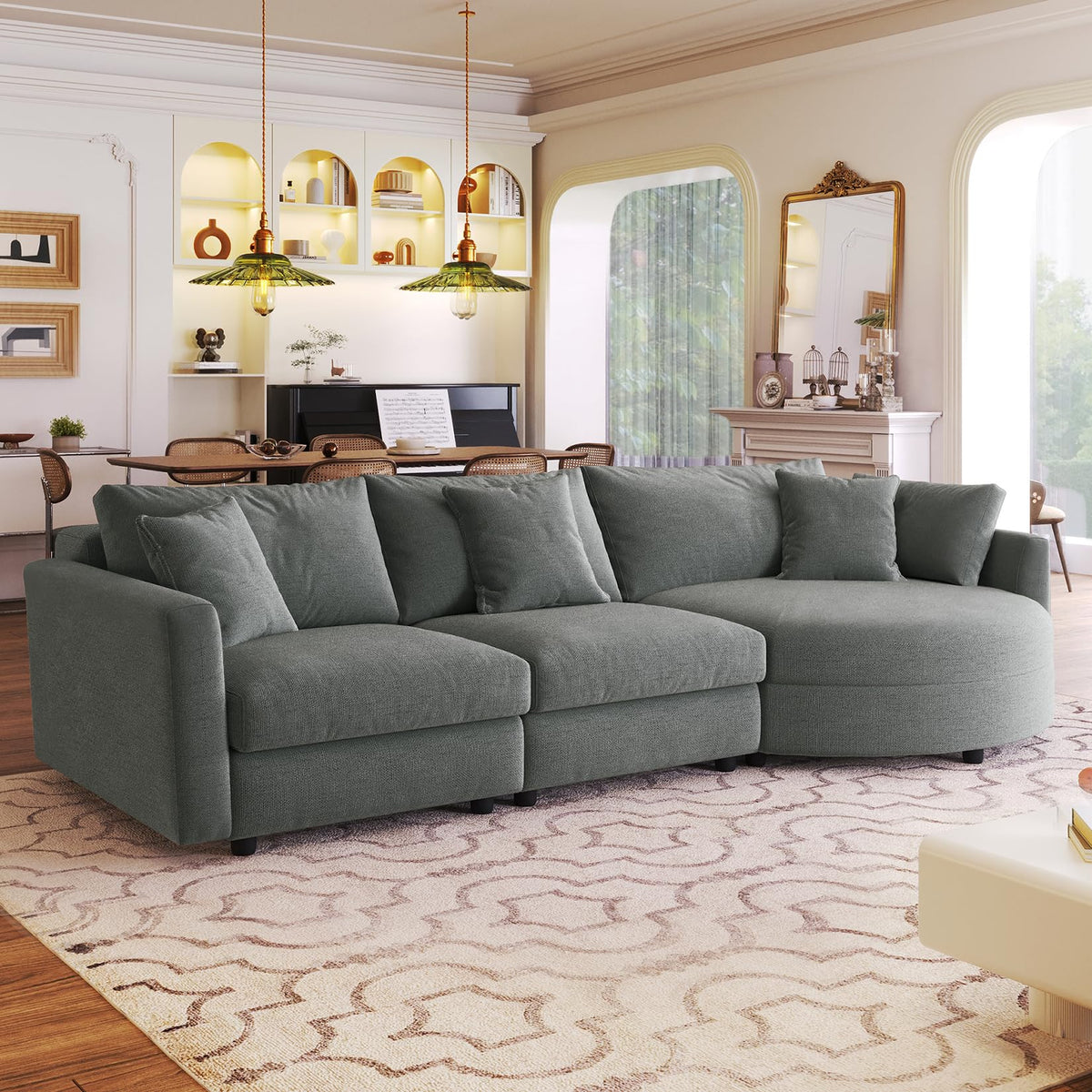 107" 3-Piece Chenille Sectional Sofa with Curved Chaise, Solid Pine Wood Frame & Compressed Foam Cushions, Modern L-Shaped Couch for Living Room/Office, Includes 3 Throw Pillows, Easy Assembly