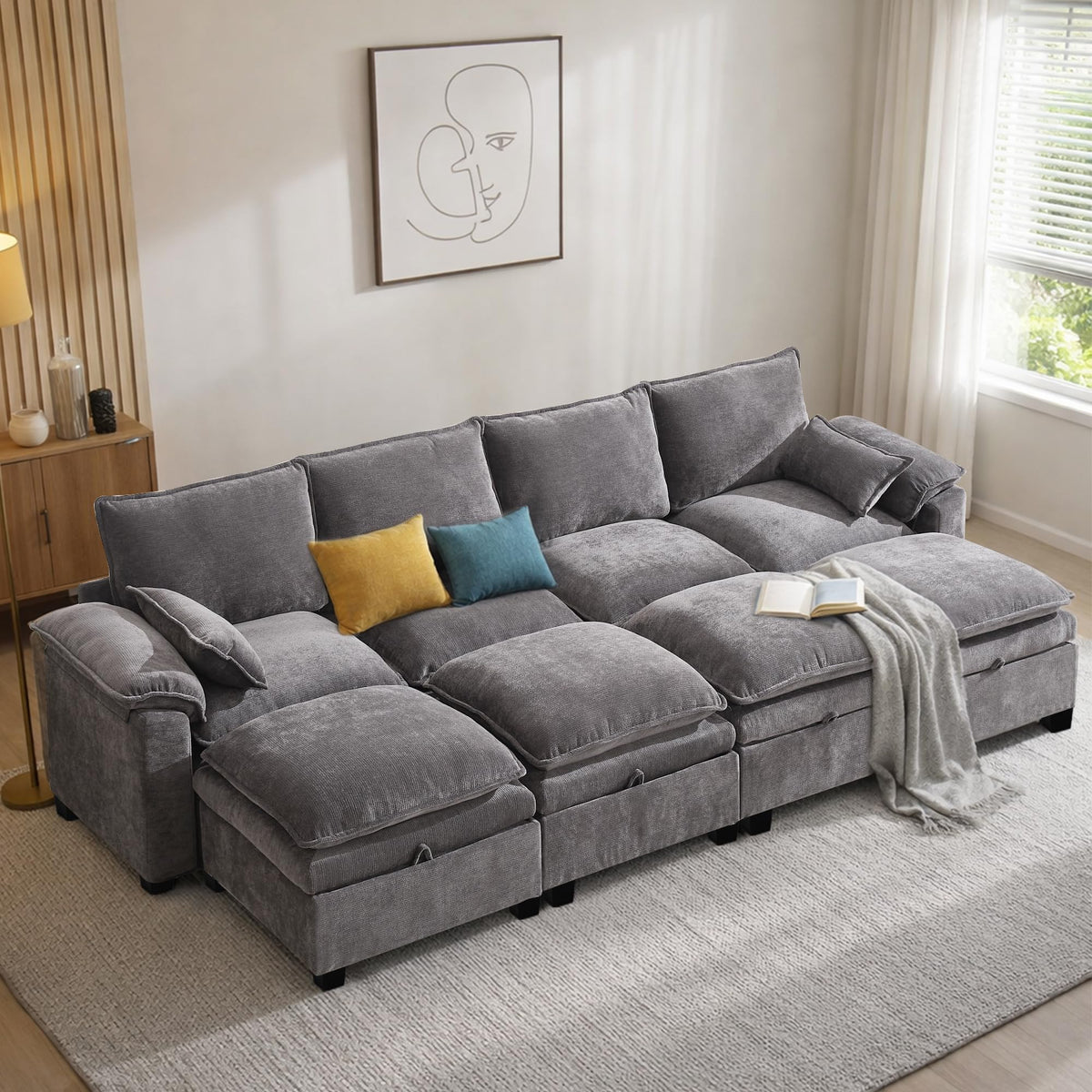 108" Modular Sectional Sofa with Storage Ottoman, Sectional Couches for Living Room, Chenille U Shaped Cloud Couch with Pillow, Deep Seater Sofa for Apartment (Light Gray, 4 Seater with 4 Ottoman)