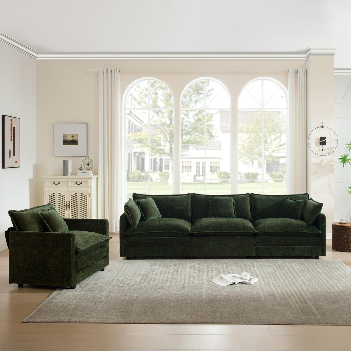 White Modular Sectional Sofa 3-Piece Set, Modern Deep Seat Chenille Couch, Loveseat, Single Sofa, Oversized Modular Couch for Living Room