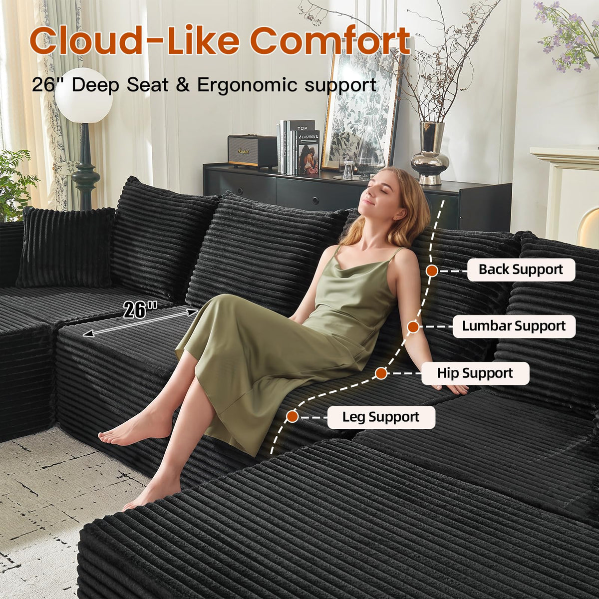 130" Modular Sectional Sofa with Ottoman, U-Shaped Corduroy Couch