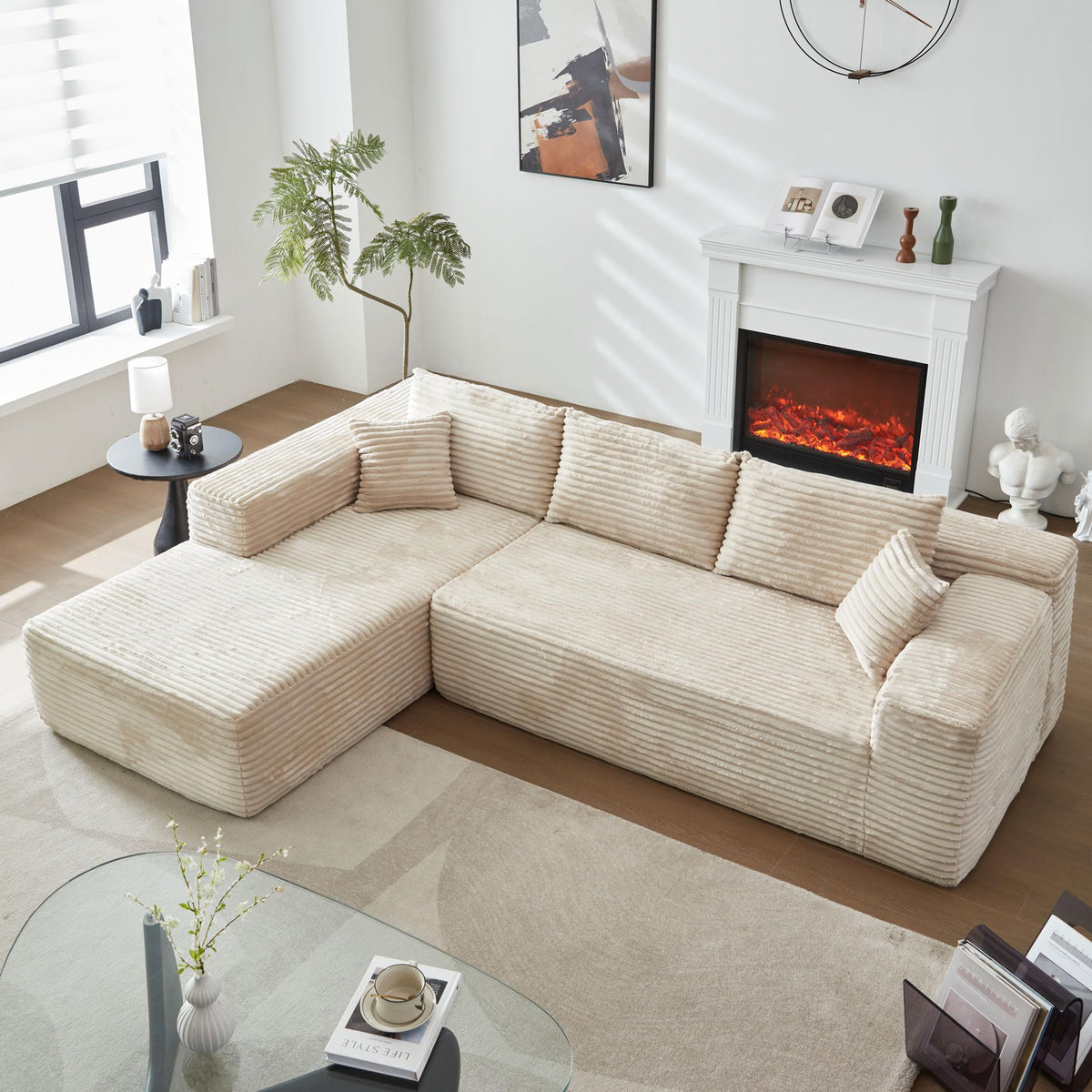 104" L-Shape Modular Sectional Sofa Couch,Comfy Upholstered Cloud Couch for Living Room,Modern Minimalist Couches,Deep Seat,No Assembly Required (Black,Plush Corduroy, Right Facing Chaise w/Ottoman)