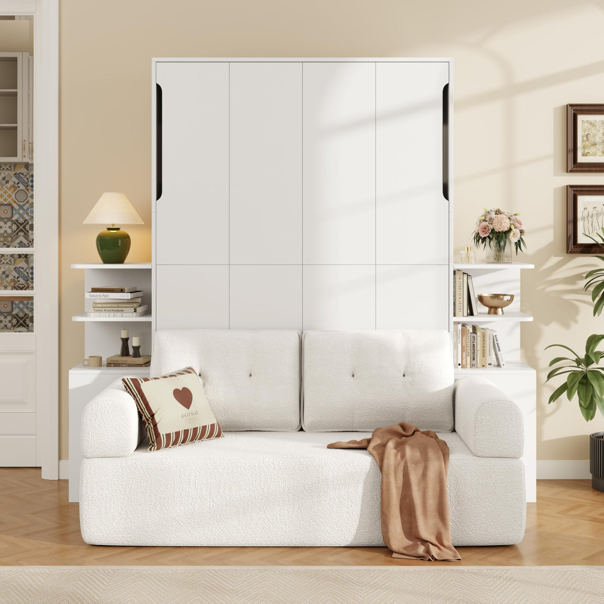 Twin Size Murphy Bed with Open Shelving, Sofa Front and Printed Panel