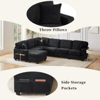 125.2" Sectional Sofa U-Shaped Upholstered Sofa L-Shaped Couch with a Movable Ottoman and Side Storage Pockets for Living Room, Black