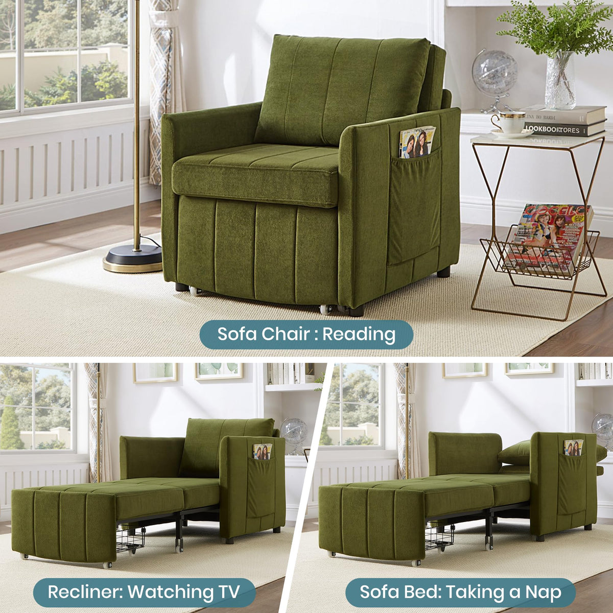 Upholstered Convertible Sleeper Sofa, 31.5" Pull Out Sofa Bed with 5 Position Adjustable Backrest, Side Pockets and a Storage Basket, Fold Out Chair Bed, Lounger for Living Room, Apartment, Green