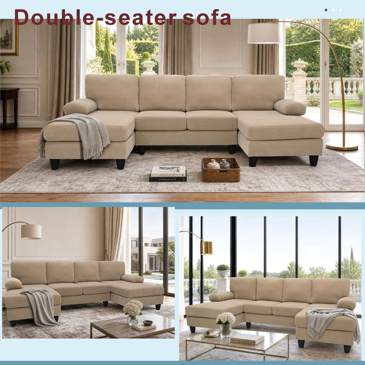 U-Shaped Sofa, Dual Chaise Sectional, 104 Inch, Camel