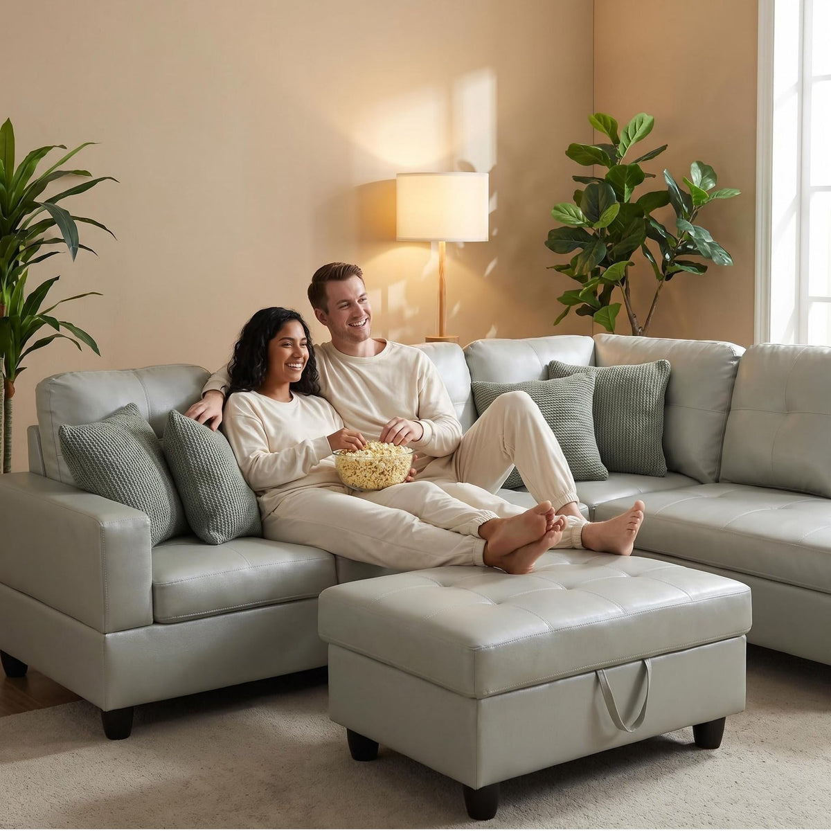 103.5" Sectional Couch with Movable Ottoman, L Shaped 4 Seater PU Faux Leather Sofa w/Chaise Lounge, Comfy Modern Modular Couch for Living Room, Apartment, White Stripes, Right, 3PCS