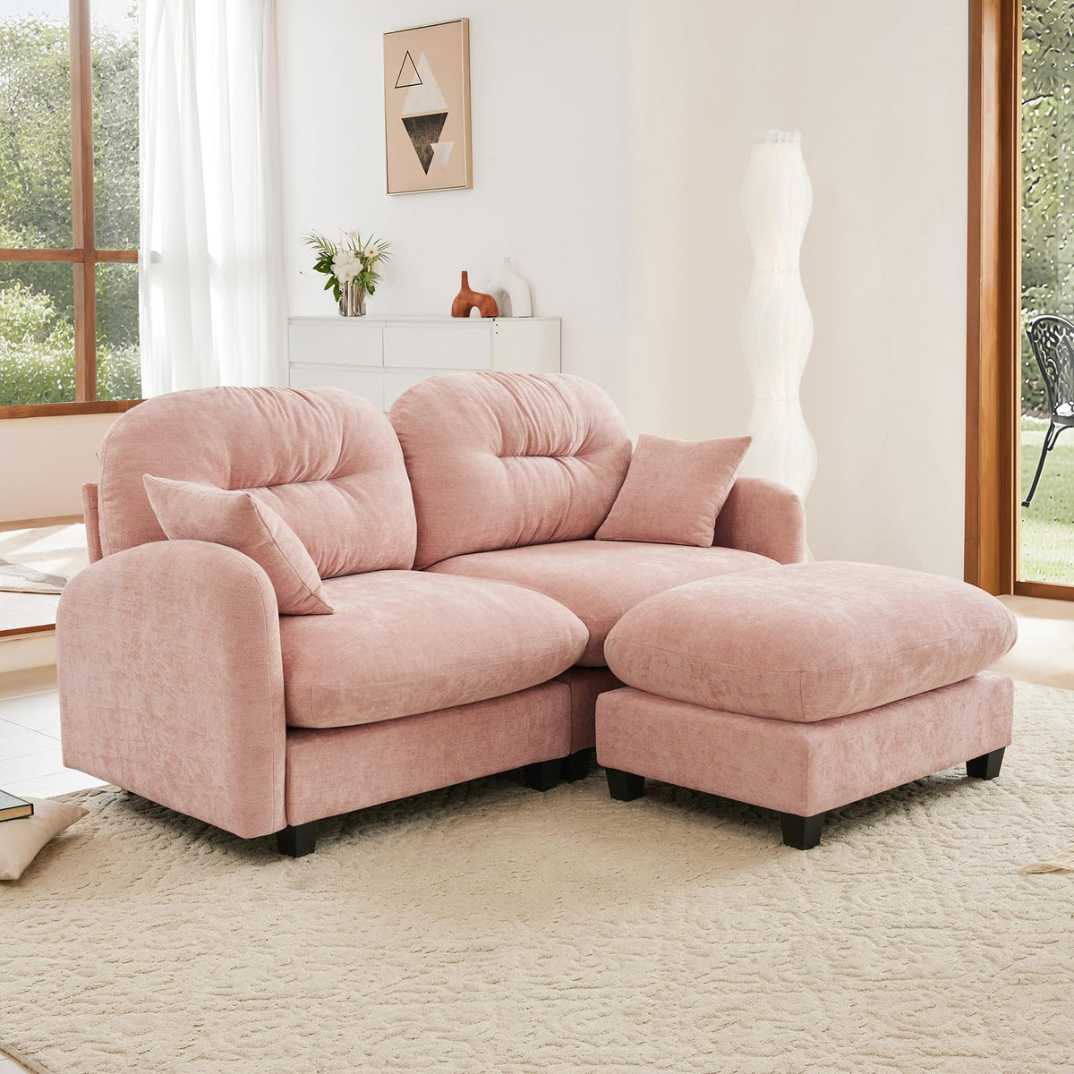 107" L Shaped Couch, Chenille Upholstered Modular Sectional Sofa, 3 Seater Deep Seat Sofa with Movable Ottoman, Modern Cloud Couch with Thick Seat Cushion, Sectional Couches for Living Room, Pink