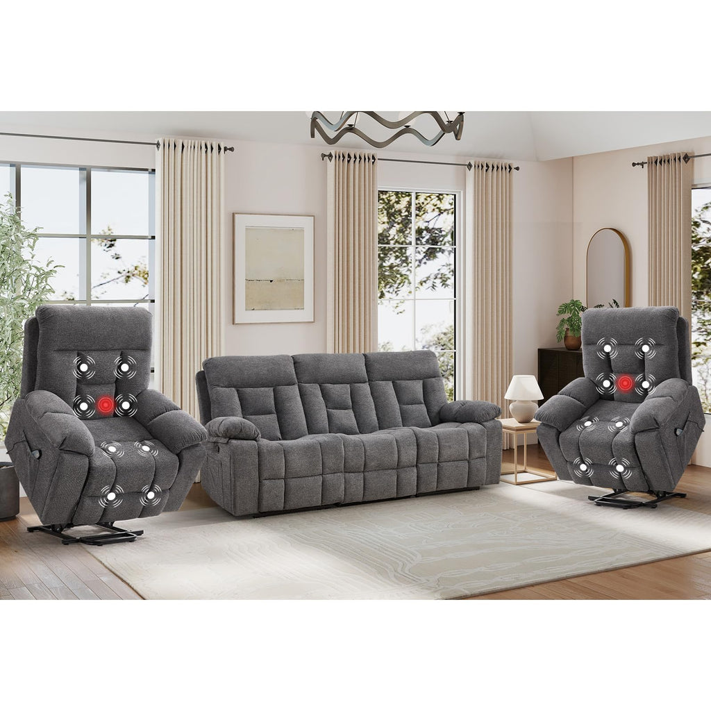 EBELLO 2 Piece Reclining Living Room Set, Soft Fabric Recliner Sofa Furniture Set, Included Power Lift Recliner Chair with Massage and Heat and 3 Seat Sofa, Dark Greenish-Grey