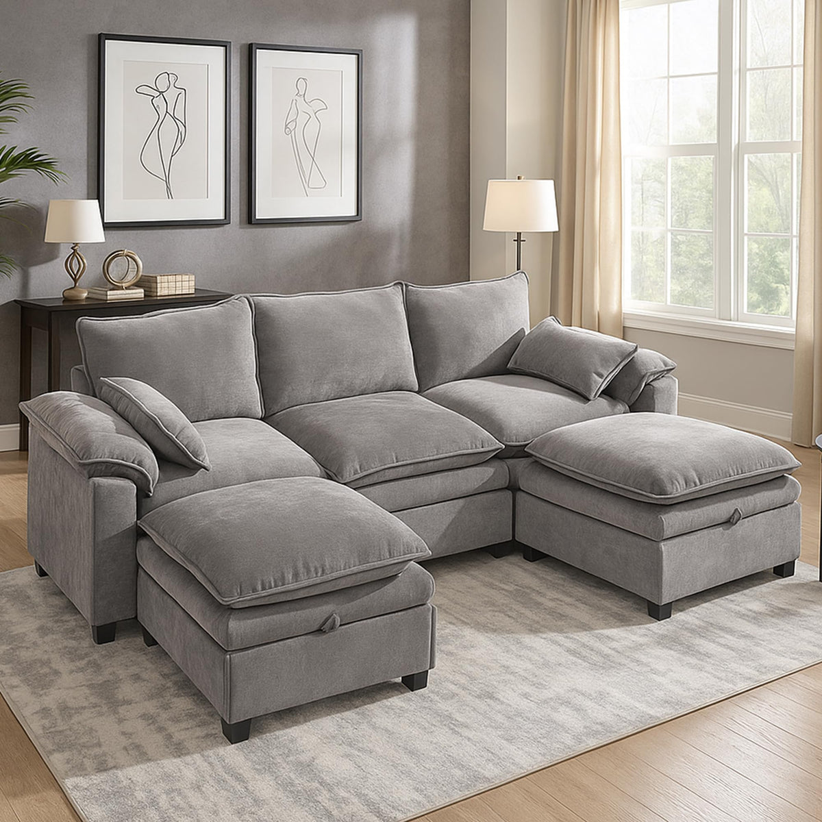 130" Modular Sectional Sofa with Storage, Premium Chenille Cloud Couch with Movable Ottomans, 1200lbs Heavy Duty Deep Seat Sectional, High-Density Foam (Gray, 4 Seater & 2 Ottoman)