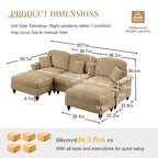 107'' Modern Sectional Sofa, Upholstered U-Shaped Couch with Removable Ruffles Pleats Skirts, Silver Chenille Cloud Couch, Ottoman, Flared Arms, 4-Seat Couches for Living Room, Bedroom, Camel