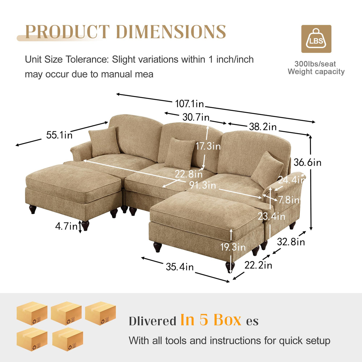 107'' Modern Sectional Sofa, Upholstered U-Shaped Couch with Removable Ruffles Pleats Skirts, Silver Chenille Cloud Couch, Ottoman, Flared Arms, 4-Seat Couches for Living Room, Bedroom, Camel