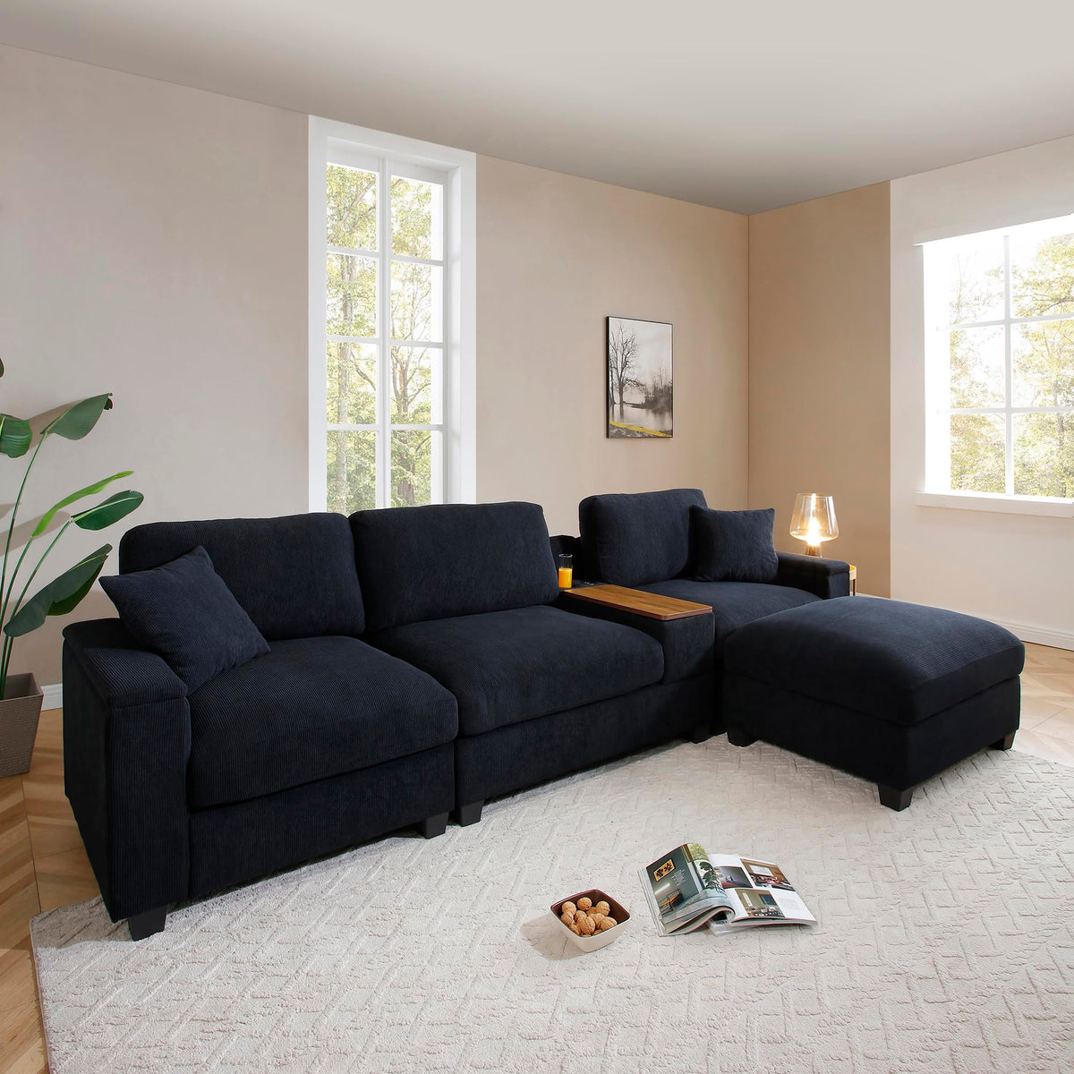 120.3" Sectional Sofa,L Shaped Oversized Couch,Comfy Cloud Couch Set with Drop Down Table,360 Degree Swivel Tray,Cup Holders,USB Charger,Storage Ottoman and Armrest,Wide Seat Sofa for Living Room