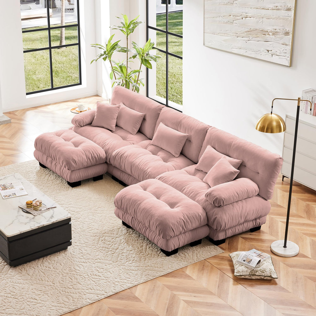 134" Oversized 3 Seater L Shaped Modular Sectional Sofa, Large Sectional Couches for Living Room, Chenille Cloud Couch with Pillows, Living Room Deep Seat Sofas with 3 Seats & 1 Ottoman, Pink