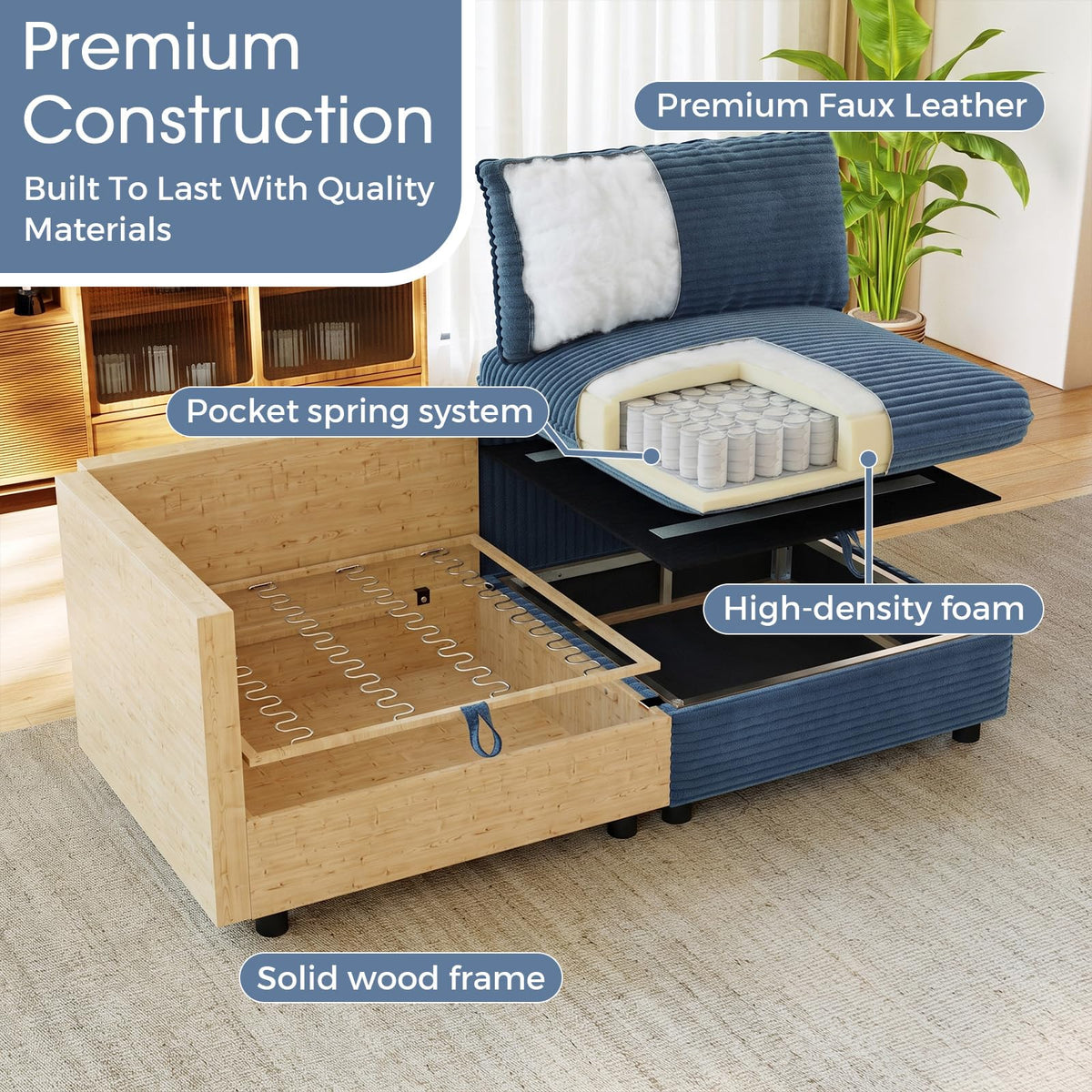 10 Seat Oversized Modular Sectional Couch Bed with Hidden Storage and Movable Ottomans Corduroy Upholstered Deep Seat for Sectional Couches for Living Room Bedroom, Blue