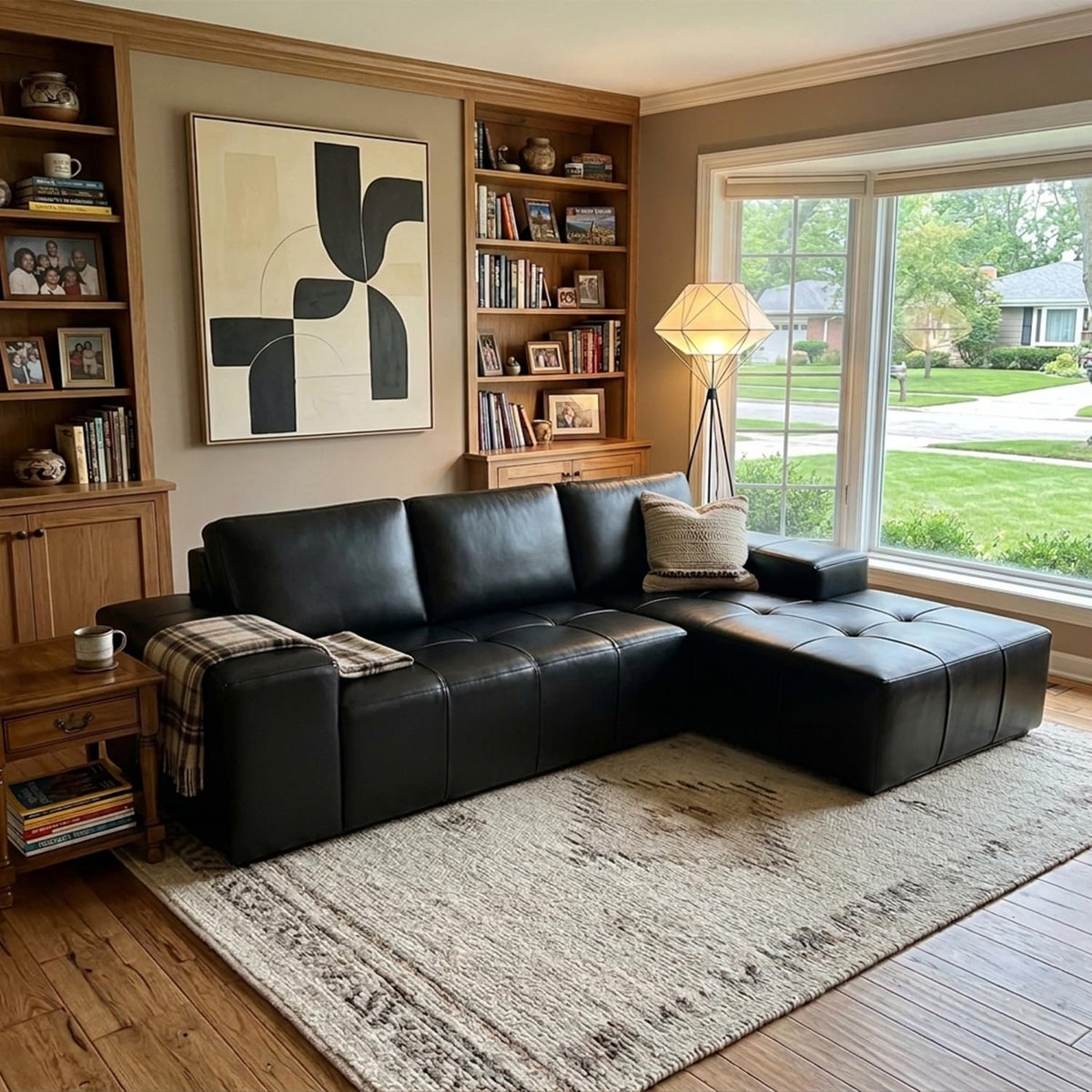 114" Faux Leather L-Shaped Couch, Boneless Couch for Living Room