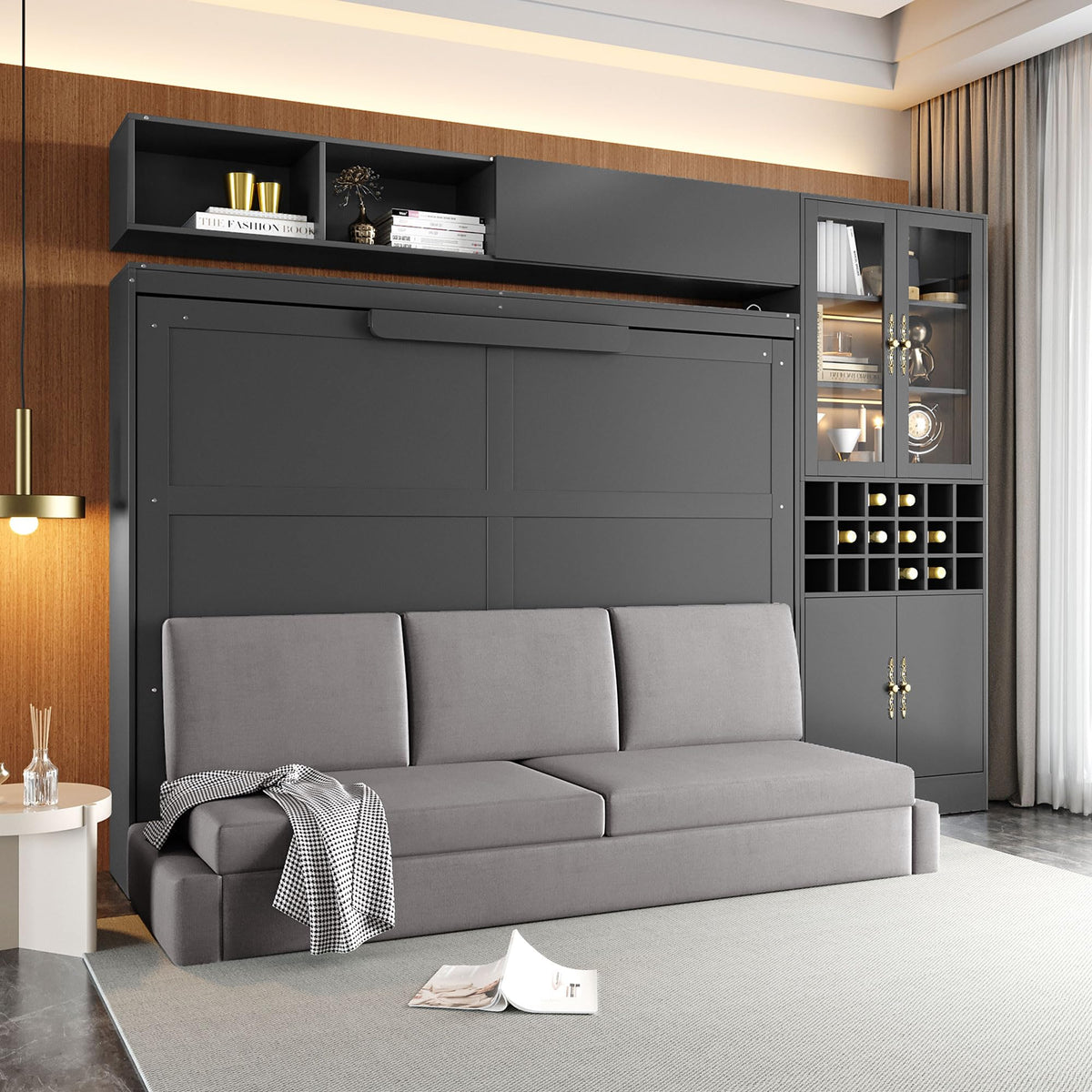 Wood Murphy Bed with Sofa, 4 Storage Shelves and USB Charging Station