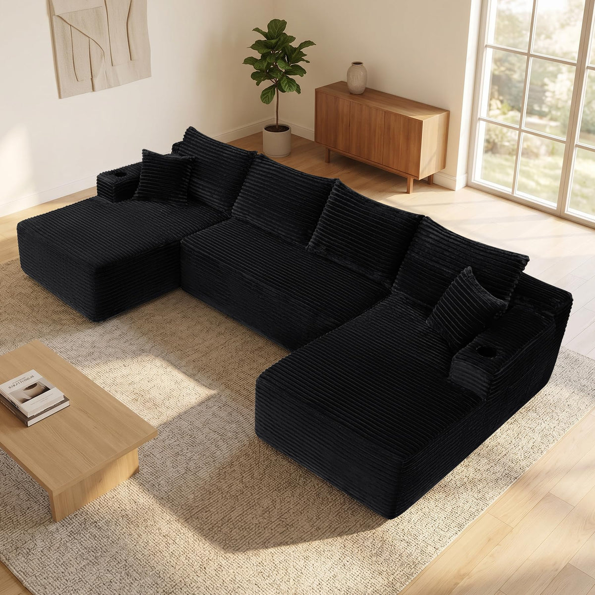133“ U-Shaped Segmented Sofa with Side Pockets/Cup Holders, Modular Design, Deep Seat, Upholstered Sofa for Living Room/Bedroom, No Assembly Required, Black.