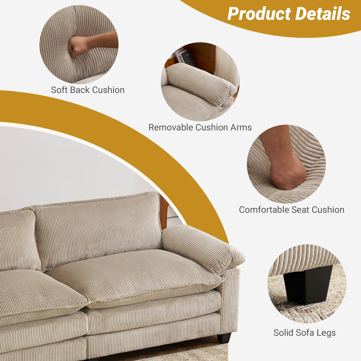 VINGLI Convertible Sectional Sofa with 2 Movable 2-Layer Ottoman Set, Comfy Cloud Sofa Bed with Deep Seat & Chaise, 2-Seater Modular Sleeper Couches, Loveseat for Living Room, Corduroy, Khaki