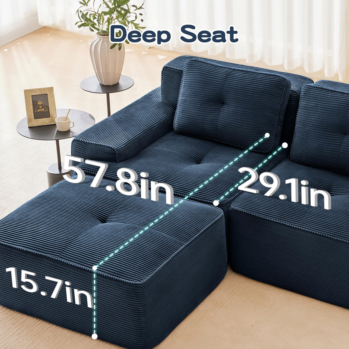 Tidyard 8? Modern L-Shaped Modular Sectional Sofa for Living Room, Corduroy Fabric 2-Seater with Movable Ottoman, Deep Seat, Tufted Design, No Assembly, Anti-Slip Base, Blue