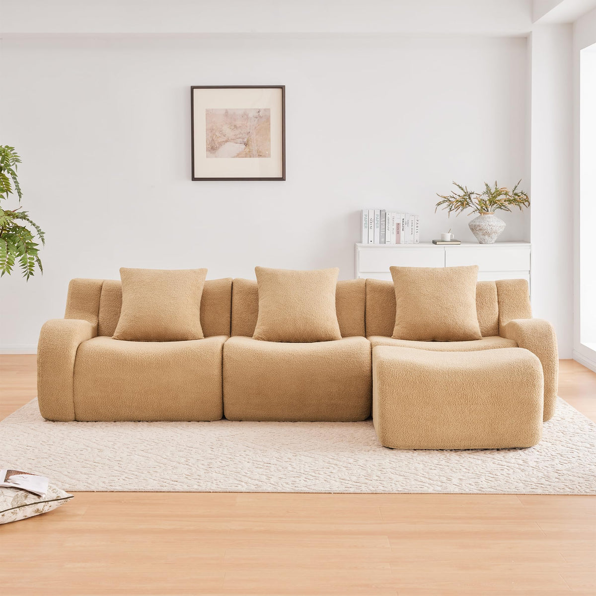 Tidyard Boneless 3-Seater Sofa with Teddy Fabric, Anti-Slip Base & Curved Armrests, No Assembly Needed, 32D High-Density Sponge for Living Room or Bedroom, Camel
