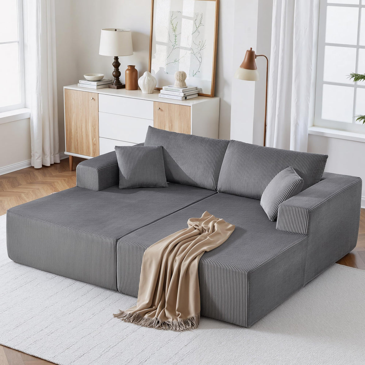 U-Shape Sectional Couch for Living Room,4 Seater Boneless Sofa Couch for Living Room Bedroom Apartments,146" Modular Sectional Corduroy Couch with Deep Seat,No Assembly Green