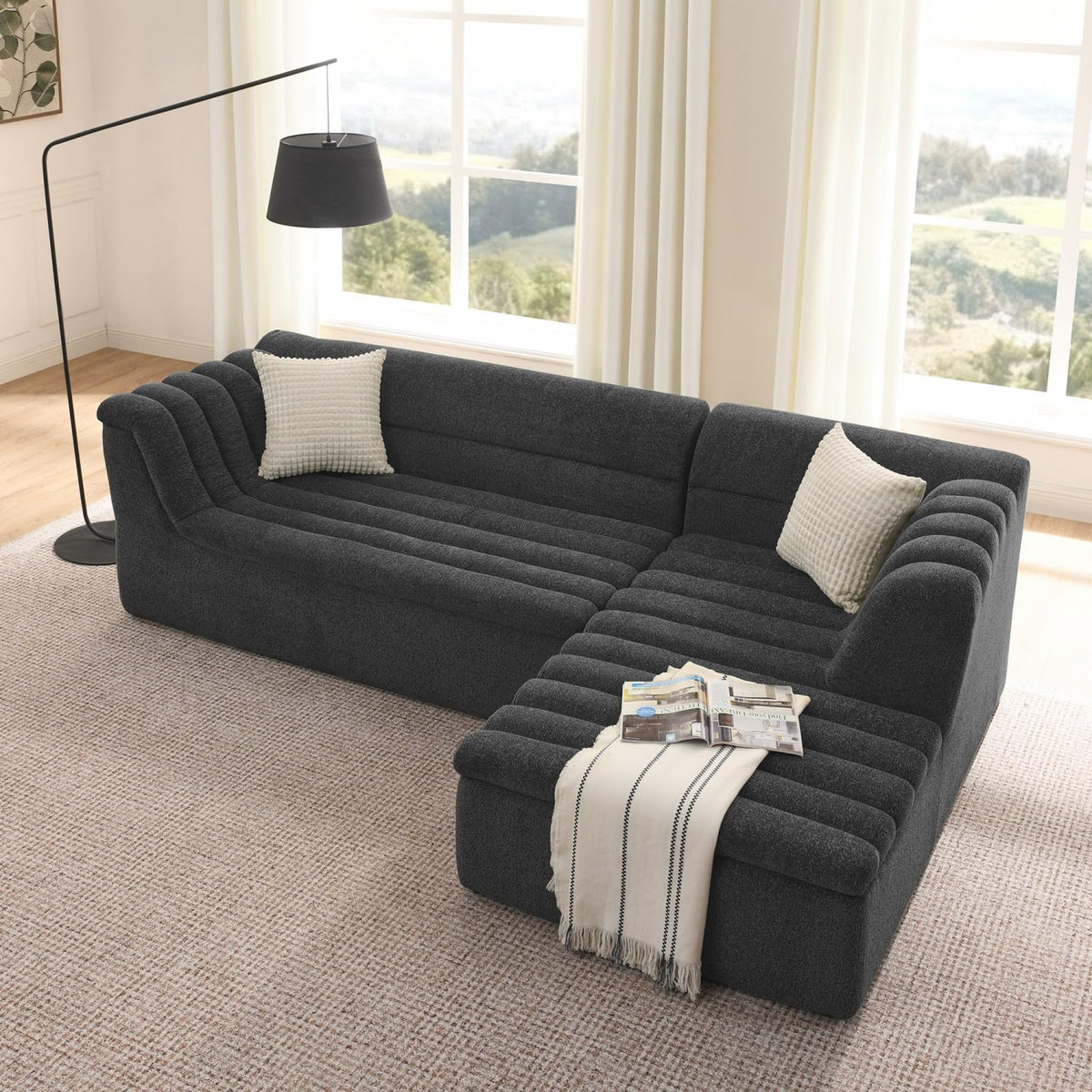 XIAO WEI 106" Modular Sectional Sofa with Chaise, Sage Green Chenille Fabric L-Shaped Couch with Wave-Shaped Armrests, Modern Minimalist Boneless Floor Sofa for Living Room, Apartment & Playrooms