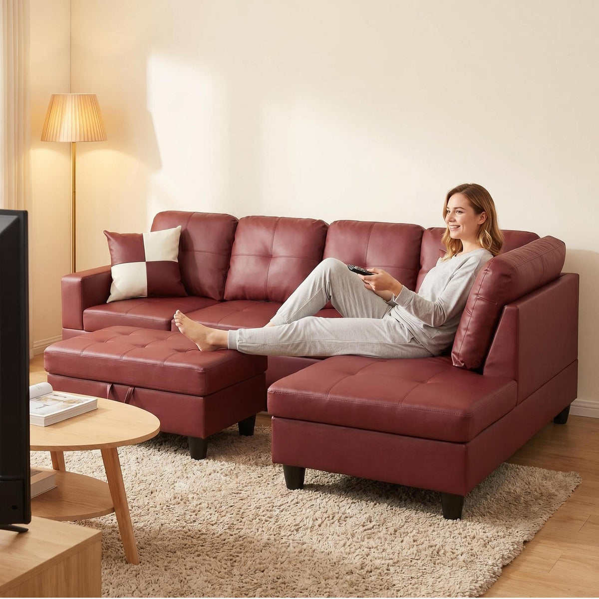 103.5" Sectional Couch with Movable Ottoman, L Shaped 4 Seater PU Faux Leather Sofa w/Chaise Lounge, Comfy Modern Modular Couch for Living Room, Apartment, White Stripes, Right, 3PCS
