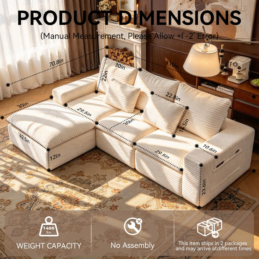 110" Cloud Sectional Couches for Living Room, Warm White