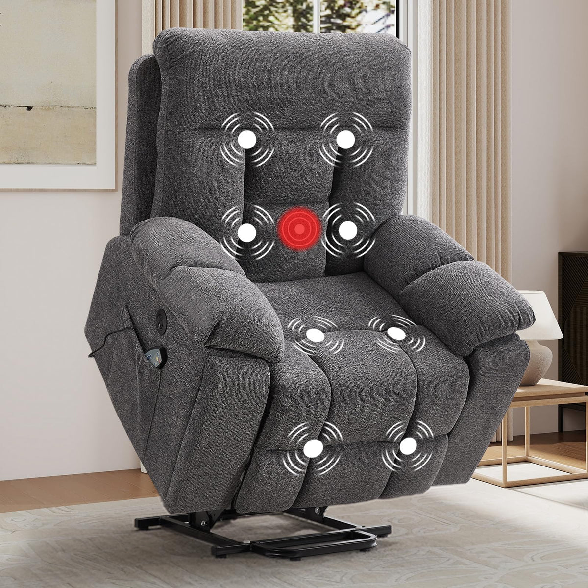 EBELLO 2 Piece Reclining Living Room Set, Soft Fabric Recliner Sofa Furniture Set, Included Power Lift Recliner Chair with Massage and Heat and 3 Seat Sofa, Dark Greenish-Grey