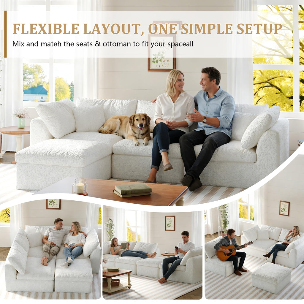 108" Modular Sectional Sofa with Movable Ottoman, No Assembly Required Boneless Cloud Couch, Deep Seat L Shaped Sectional Couches for Living Room, Bedroom and Apartment, White