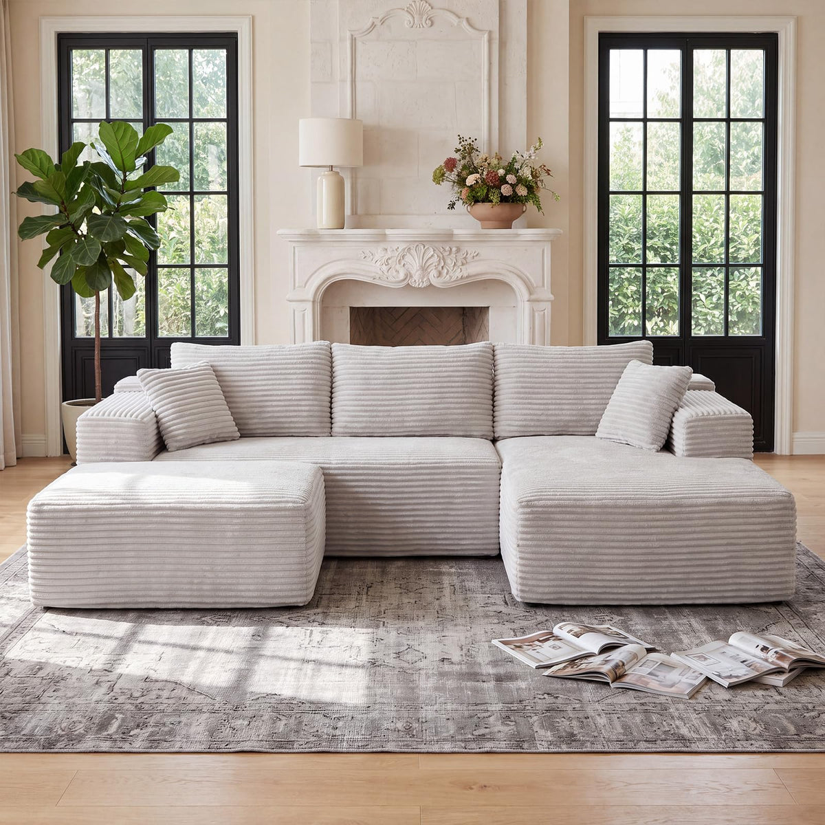 111" Boneless Sectional Couches for Living Room, 5 Seater Deep Seated U Shaped Cloud Couch with Ottomans, Chenille Compressed Modular Cloud Sofa Couch in a Box, No Assembly Required, Grey